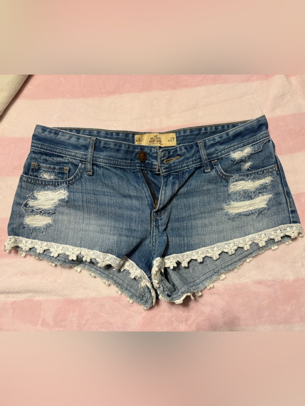 Hollister Light Blue Distressed Denim Shorts with White Lace Trim